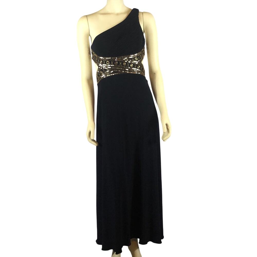Betsy & Adam One Shoulder Navy Gold Gown NWT Size 4 - Picture 2 of 12